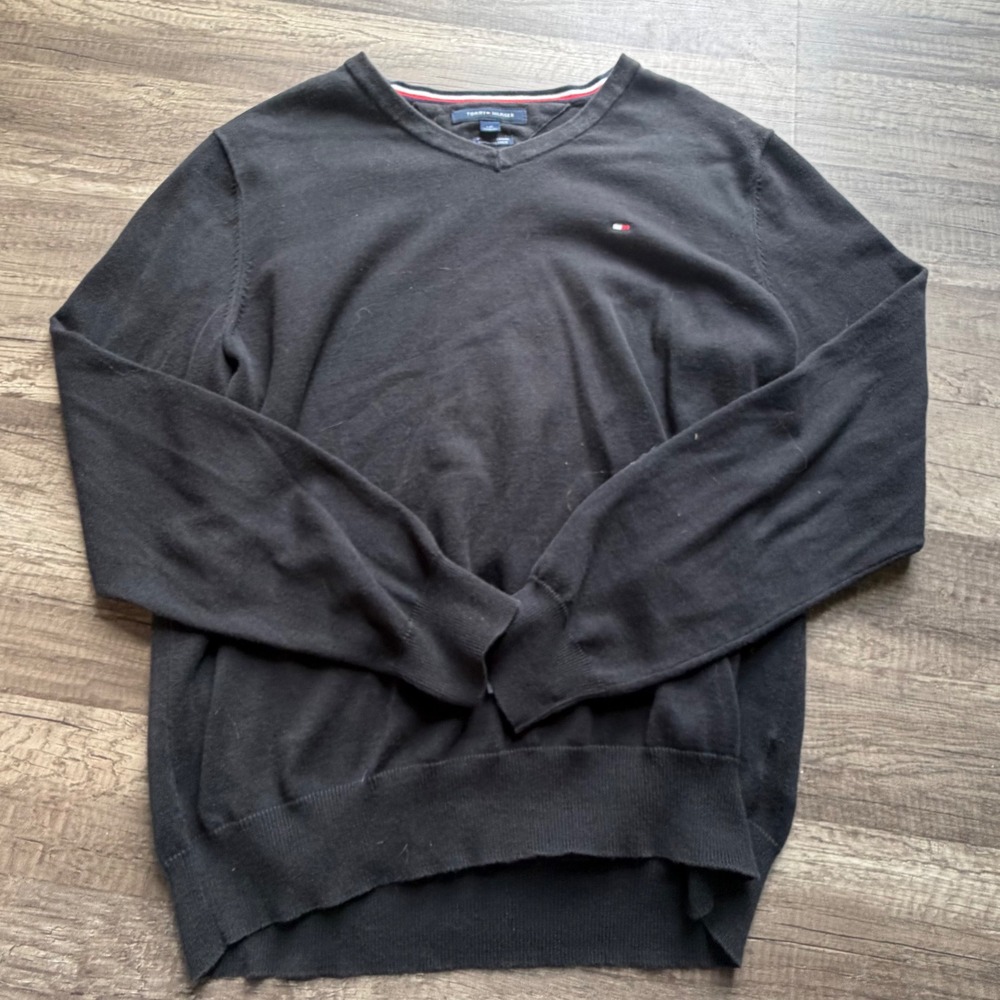 Tommy Hilfiger Mens Black V-Neck Sweater Flag Logo Large L/G